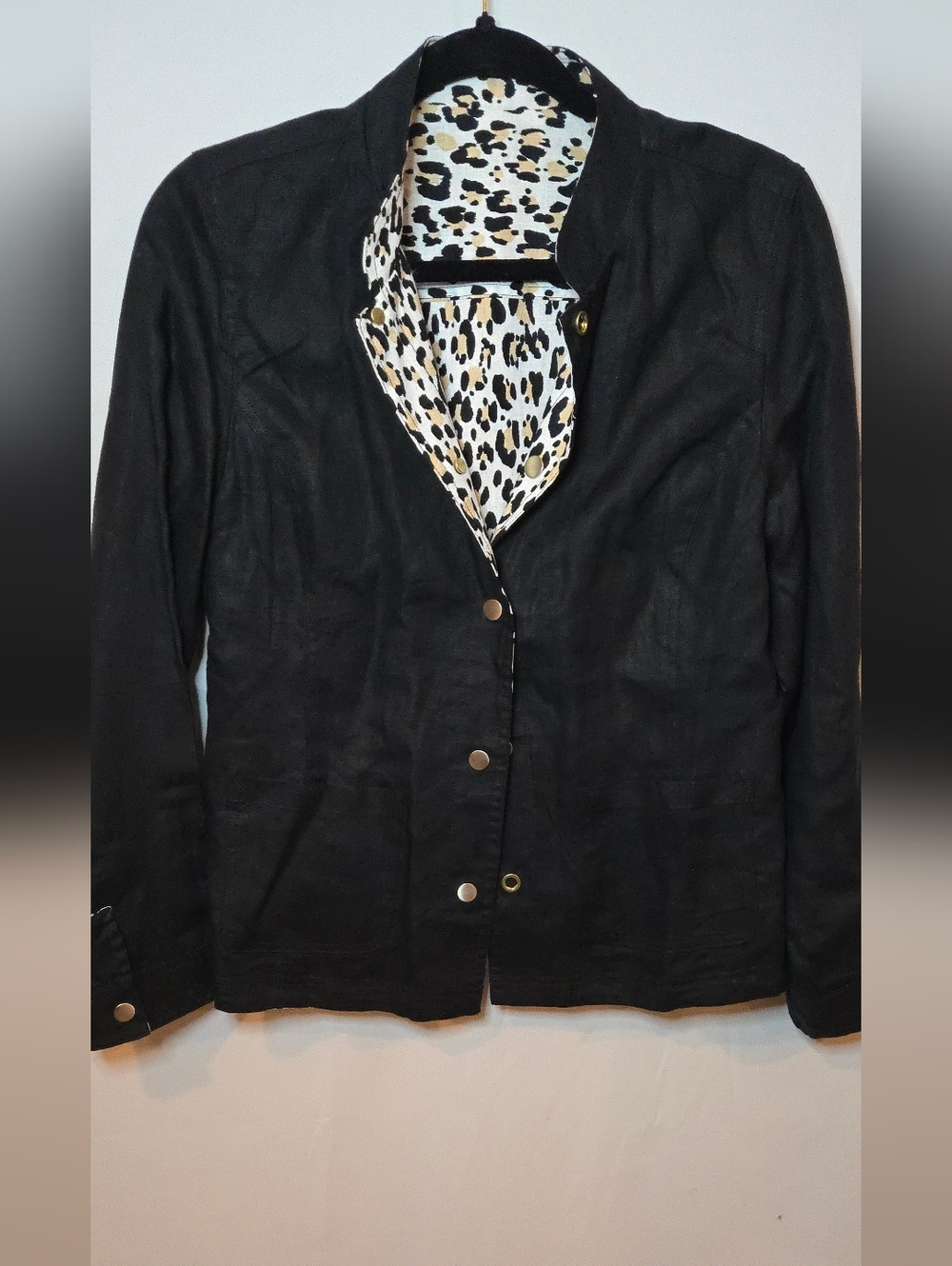 NWT Chicos 100% Linen Black Leopard Animal Women's 0/Small Reversible Jacket